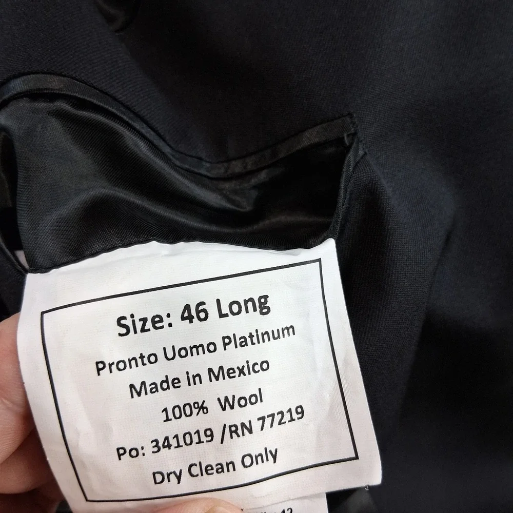 Pronto Uomo Blazer 46L Solid Black 100% Wool Two Button Sport Coat Double Vent